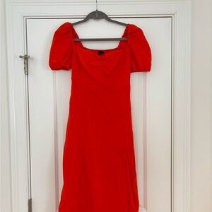 Red Orange Puff Sleeve Midi Dress